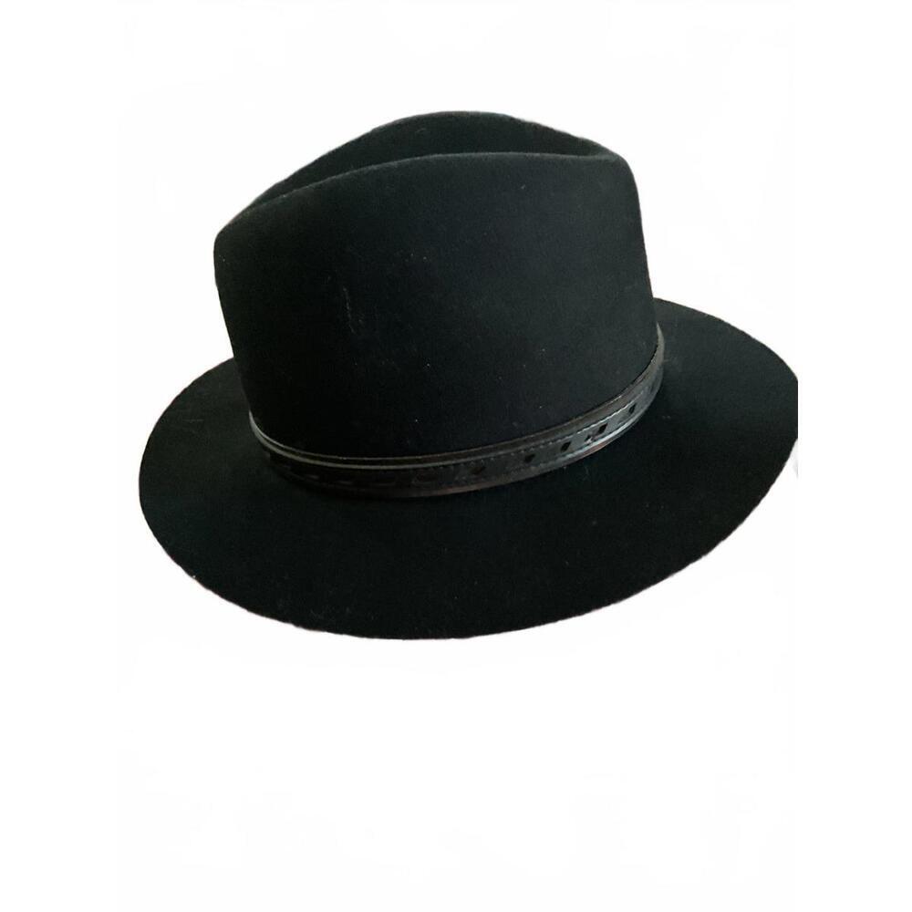 Rag & Bone Classic Black Wide-Brim Wool  Fedora Hat with Leather/Metallic Band M - Picture 5 of 8